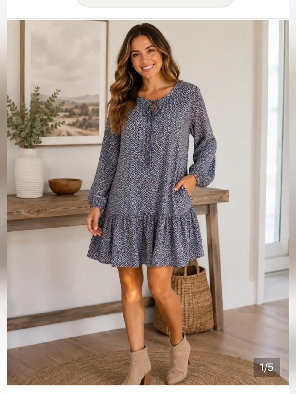 Light Blue Geo-Print Long Sleeve Peasant Dress